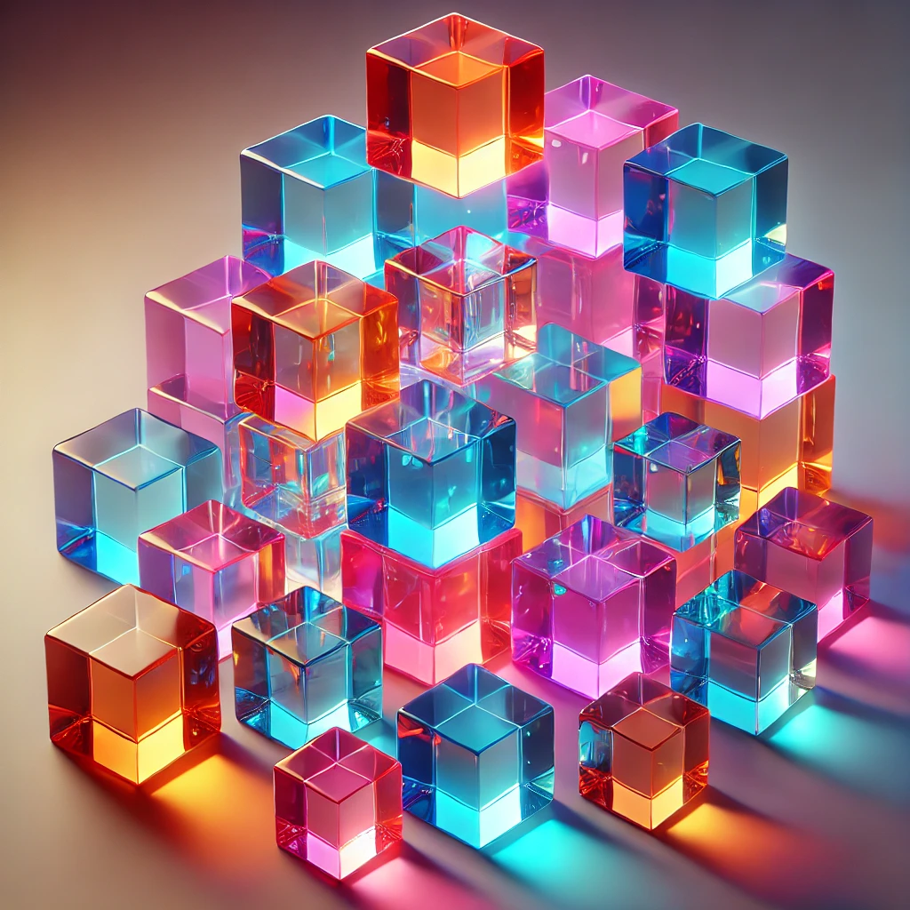 DALL·E 2025-02-03 16.01.56 - A collection of translucent cubes in various vibrant colors, arranged in a visually appealing composition. The cubes are illuminated by soft light, ca