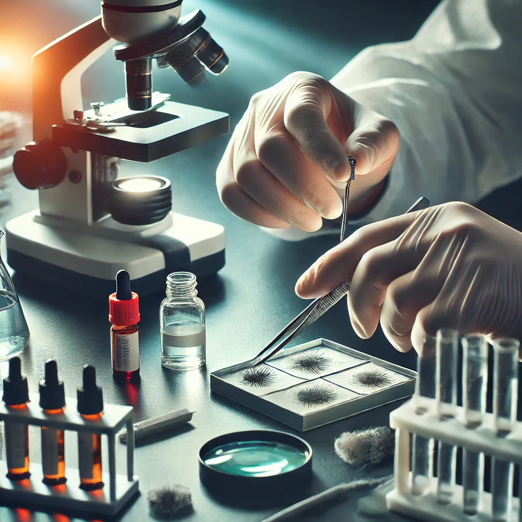 DALL·E 2025-02-13 17.09.30 - A forensic scientist's hands carefully handling a sample in a laboratory. The scientist is wearing gloves and using tweezers to examine evidence, such