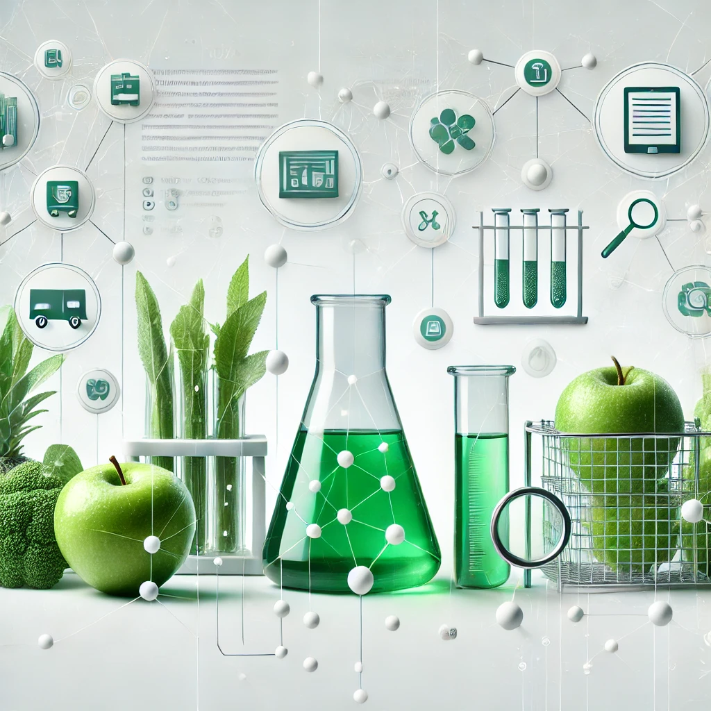 DALL·E 2025-02-17 13.21.58 - A clean and simple representation of the food industry, featuring fresh ingredients, laboratory glassware, and digital connections. The image should h